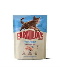 Hrană pentru pisici sterilizate CARNILOVE True Fresh Cat Fish and Turkey Sterilised 400 g cu pește și curcan