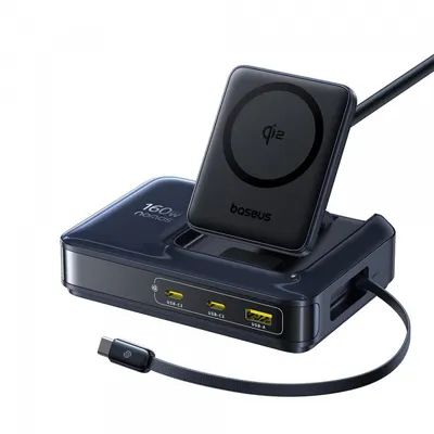 Incarcator Statie Baseus Nomos NH21 QI 5in1, 160W, 5A, 1 x USB-A - 2 x USB-C, Negru E0121700