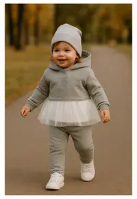 Set de trening 2 piese: bluza cu gluga si urechi - cu tull - si pantaloni - - Little Ballerina - pentru fetite - Gri