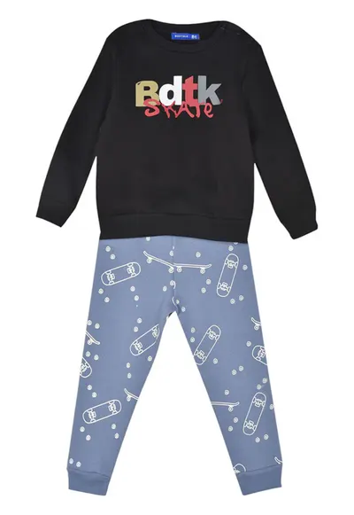 Set trening copii negru-albastru - bumbac - imprimeu distinctiv - captuseala fleece