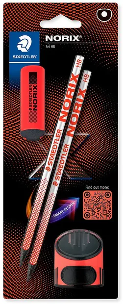 Set de creioane Staedtler Norix - HB, 2 buc, cu radieră și ascuțitoare, coral