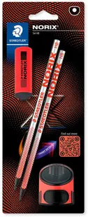 Set de creioane Staedtler Norix - HB, 2 buc, cu radieră și ascuțitoare, coral