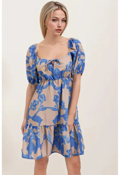Rochie mini dama - HiCCUP - forma A - decolteu patrat - bumbac/poliester - bej/albastru