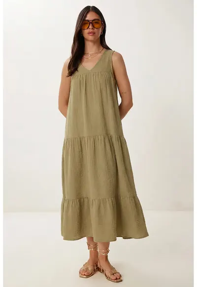 Rochie midi Happiness Istanbul - cu volane - decolteu in V - bumbac - Verde masliniu