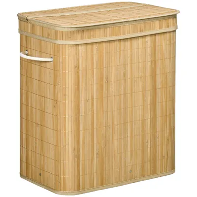 HOMCOM Coș Pliabil pentru Rufe cu 2 Compartimente, Capac Detașabil și Mânere, 54,2x35,2x59,5 cm, Natural | Aosom Romania