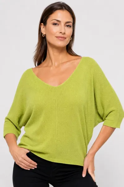 Bluza fin tricotata bob de orez, cu maneca fluture 3 4, verde deschis