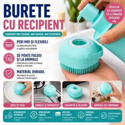 Burete de baie din silicon cu dozator, Mini Soft Brush, reutilizabilla, pentru adulti, copii, animale de companie, Turcoaz