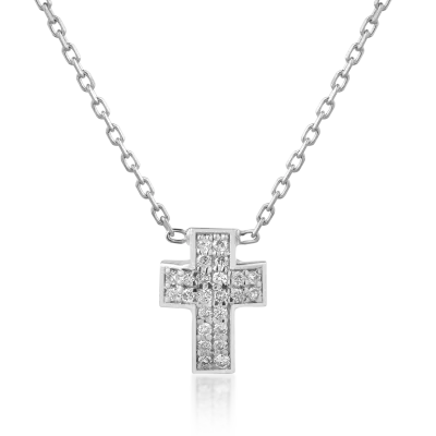 Lant cu pandantiv cruce din aur alb cu diamante de 0.06ct
