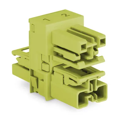 h-distribution connector; 2-pole; Cod. B; 1 input; 2 outputs; outputs on both sides; 3 locking levers; for flying leads; light green