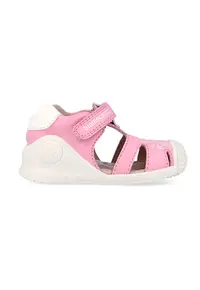 Sandale din piele cu inchidere velcro si model cu peste - Fucsia/Alb murdar