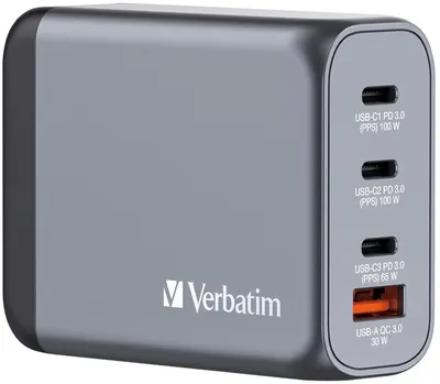 Încărcător Verbatim - GNC-100 GaN 4 Port, USB-A/C, 100W, gri