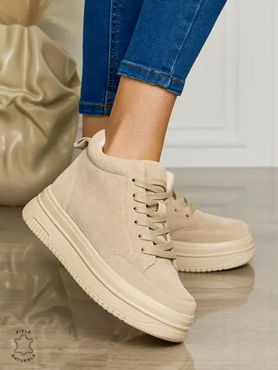 Ghete casual din piele naturală cu talpa solida CRL1510 BEJ