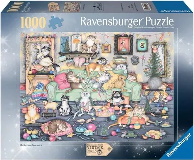 Puzzle Ravensburger din 1000 piese - Crazy Cats: Distrugătorii de Crăciun