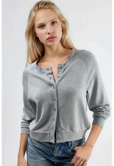 Cardigan Gri - Jerseu - guler rotund - nasturi