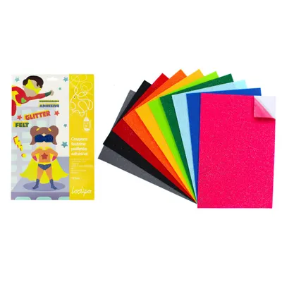 Fetru adeziv cu sclipici - 10 culori asortate, 20 x 30 cm