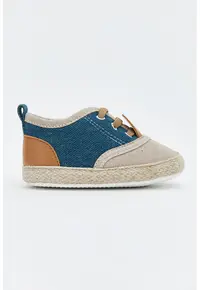 Pantofi crib din denim cu garnituri din piele ecologica - Maro taupe deschis/Albastru inchis melange