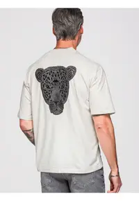 Tricou barbati loose fit cu aplicatie pantera pe spate - decolteu rotund OM-TSCT-0279 - Alb murdar