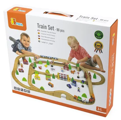 Viga - Tren din lemn cu șine, 90 de piese