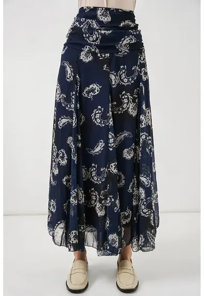 Fusta maxi talie inalta - imprimeu Paisley - poliester - Bleumarin