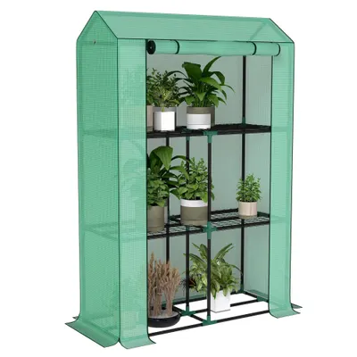 Outsunny Sera Mini cu 3 Niveluri, Copertină din PE cu Armătură și Ușă Rulabilă, 100x40x150 cm, Verde | Aosom Romania