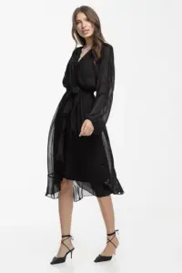 Rochie eleganta din matase si vascoza, petrecuta, cu maneci vaporoase si croiala asimetrica, neagra