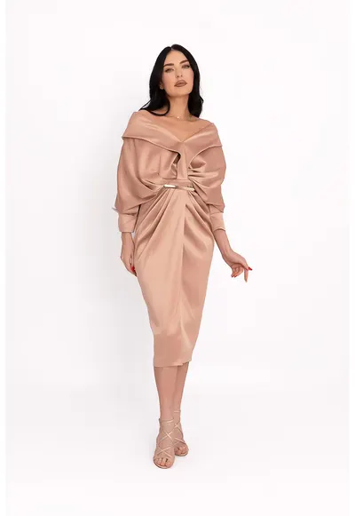 Rochie cu decolteu pe un umar si model drapat - Bej