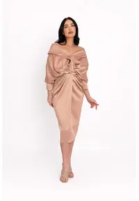 Rochie cu decolteu pe un umar si model drapat - Bej