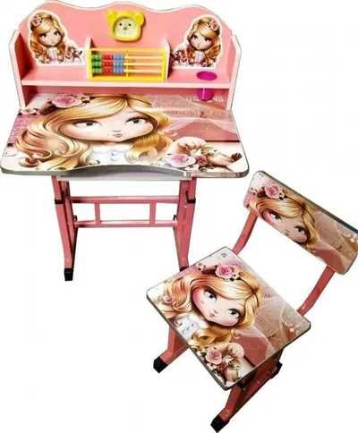 Birou pentru copii Novokids My first desk Roz Princess din MDF, cu jucarii interactive, dimensiuni 68x43x65, cadru metalic