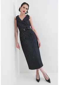 Rochie midi din amestec de lana cu nasturi si curea in talie - Albastru ultramarin/Alb murdar/Gri antracit