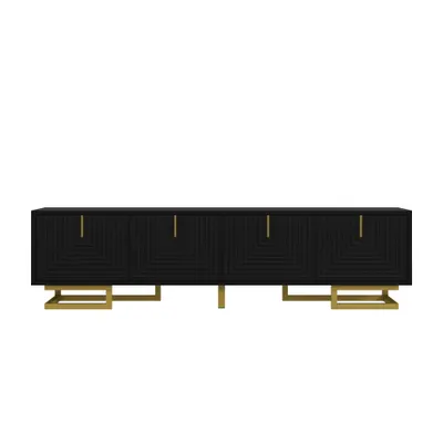 Comodă TV, mânere și picioare aurii, picioare reglabile, 160x38x44,5 cm, Negru