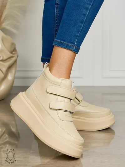 Ghete casual din piele naturală talpa solida cu Velcro si fermoar CRL1512 BEJ