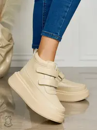Ghete casual din piele naturală talpa solida cu Velcro si fermoar CRL1512 BEJ
