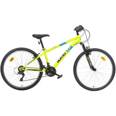 Bicicleta Dino Bikes 26 inch MTB Ring galben, pentru copii cu varsta de peste 11 ani si o inaltime de peste 145 cm transmisie Shimano cu 18 viteze, suspensii la roata din fata, cric, frana de mana pe roata fataspate