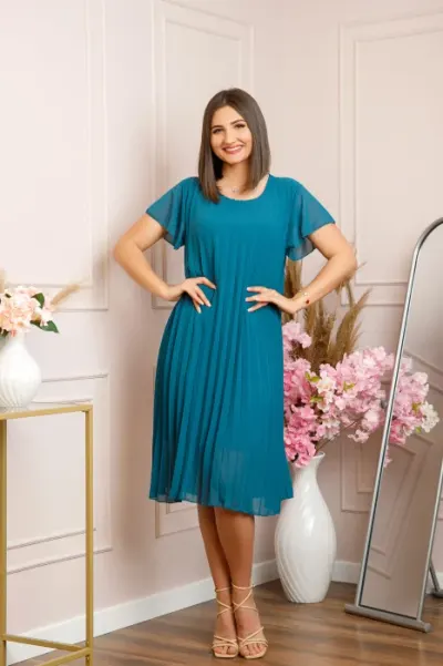 Rochie plisata Elisa cu maneci fluture - Turcoaz inchis