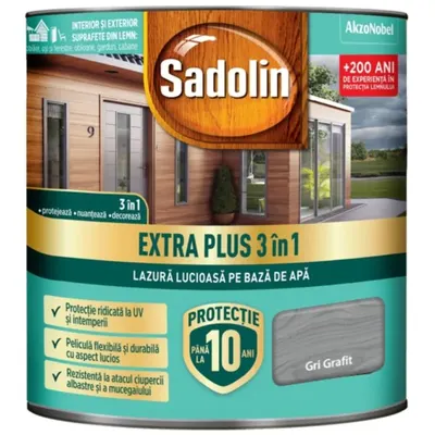 Lazură 3 în 1, lucioasă pe bază de apă 2.5L, Sadolin, gri grafit / 5738857 Engros