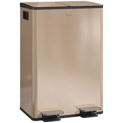 HOMCOM Coș de bucătărie 2 compartimente de 2 x 28 l, oțel inoxidabil, capac cu închidere silențioasă, 45,8x36x67,6cm, auriu | Aosom Romania