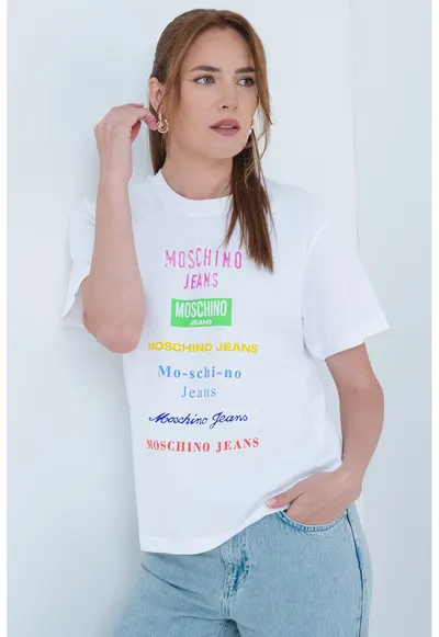 Tricou cu decolteu la baza gatului si logo - Roz fandango/Verde electric/Alb optic