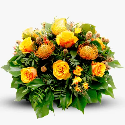 Aranjament funerar cu trandafiri galbeni