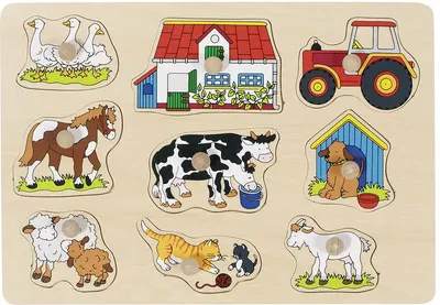 Puzzle din lemn cu manere Goki - Ferma