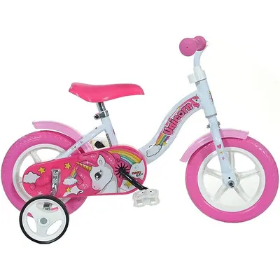Bicicleta cu pedale, Dino Bikes, Unicorn, Cu roti ajutatoare, 10 inch, Pana la 30 kg, 2 ani+, Multicolor