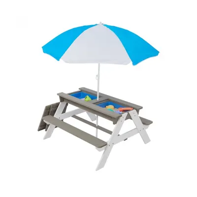 Set masuta de gradina si bancute pentru copii Ginger Home GriAlb 3in1 din lemn, Umbrela cu protectie UV si inaltime ajustabila, Masuta cu spatiu de depozitare