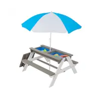 Set masuta de gradina si bancute pentru copii Ginger Home GriAlb 3in1 din lemn, Umbrela cu protectie UV si inaltime ajustabila, Masuta cu spatiu de depozitare