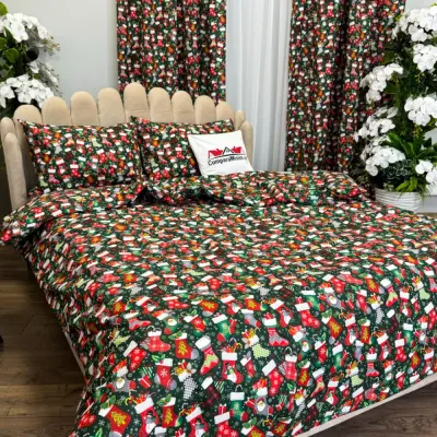 Set Lenjerie Pat Dublu Craciun 4 Piese + 2 Draperii 150x235cm din Bumbac Ranforsat – Confort si Eleganta, Fabricat in Romania, Verde, ciorapii, fulgi de nea