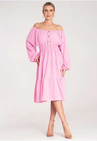 Rochie evazata - cu volane - roz - poliester