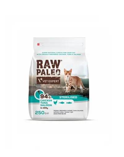 VETEXPERT Raw Paleo Sterilised Chicken&Tuna&Salmon Hrana uscata pisici sterilizate, cu pui, ton si somon 250 g