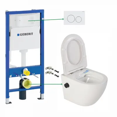 Set vas wc suspendat cu functie bideu si baterie negru mat Foglia Oslo, rezervor incastrat si clapeta alb lucios, Geberit Delta
