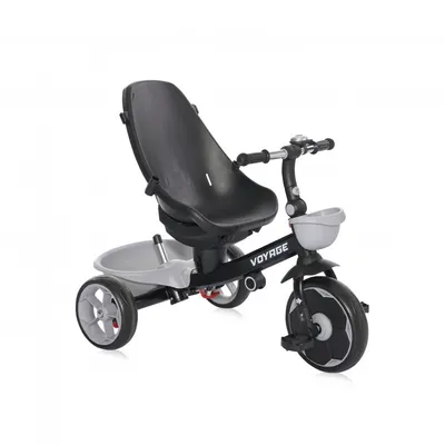 Tricicleta pentru copii Voyage Black Cosmos cu sezut reversibil, spatar reglabil pe 2 pozitii, maner cu control al directiei, cosulet pentru accesorii, 2 tipuri de suporti pentru picioare si roti mari din cauciuc Eva