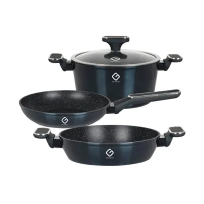 Set 3 Vase din Aluminiu si Capac din Sticla, Albastre, Compatibile cu Plita cu Inductie, Grunberg