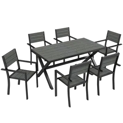 Outsunny Set de Masă pentru Exterior 7 Piese pentru 6 Persoane, Masă și Scaune Stivuite cu Lamele Efect Lemn, Cadru din Aluminiu, Gri | Aosom Romania