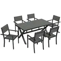 Outsunny Set de Masă pentru Exterior 7 Piese pentru 6 Persoane, Masă și Scaune Stivuite cu Lamele Efect Lemn, Cadru din Aluminiu, Gri | Aosom Romania